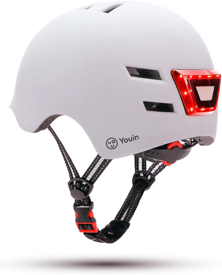 Youin™ LED Urban Helmet – White/Black | Lightweight, Adjustable & Rear Light